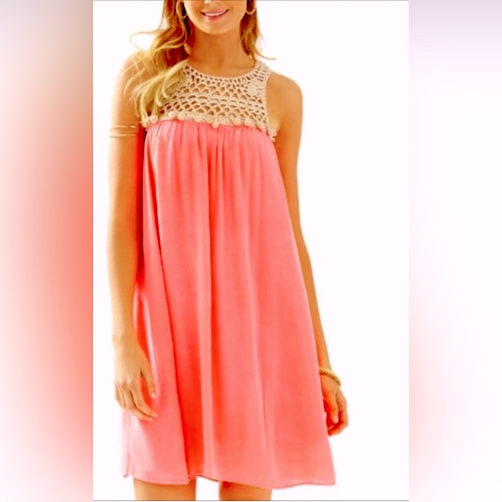 Lilly Pulitzer Sleeveless Rachelle Swing Dress Crochet Metallic in Sun Ray Pink